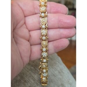Unsigned Goldette Panel Bracelet Faux Seed Pearl Victorian Goldtone Vintage